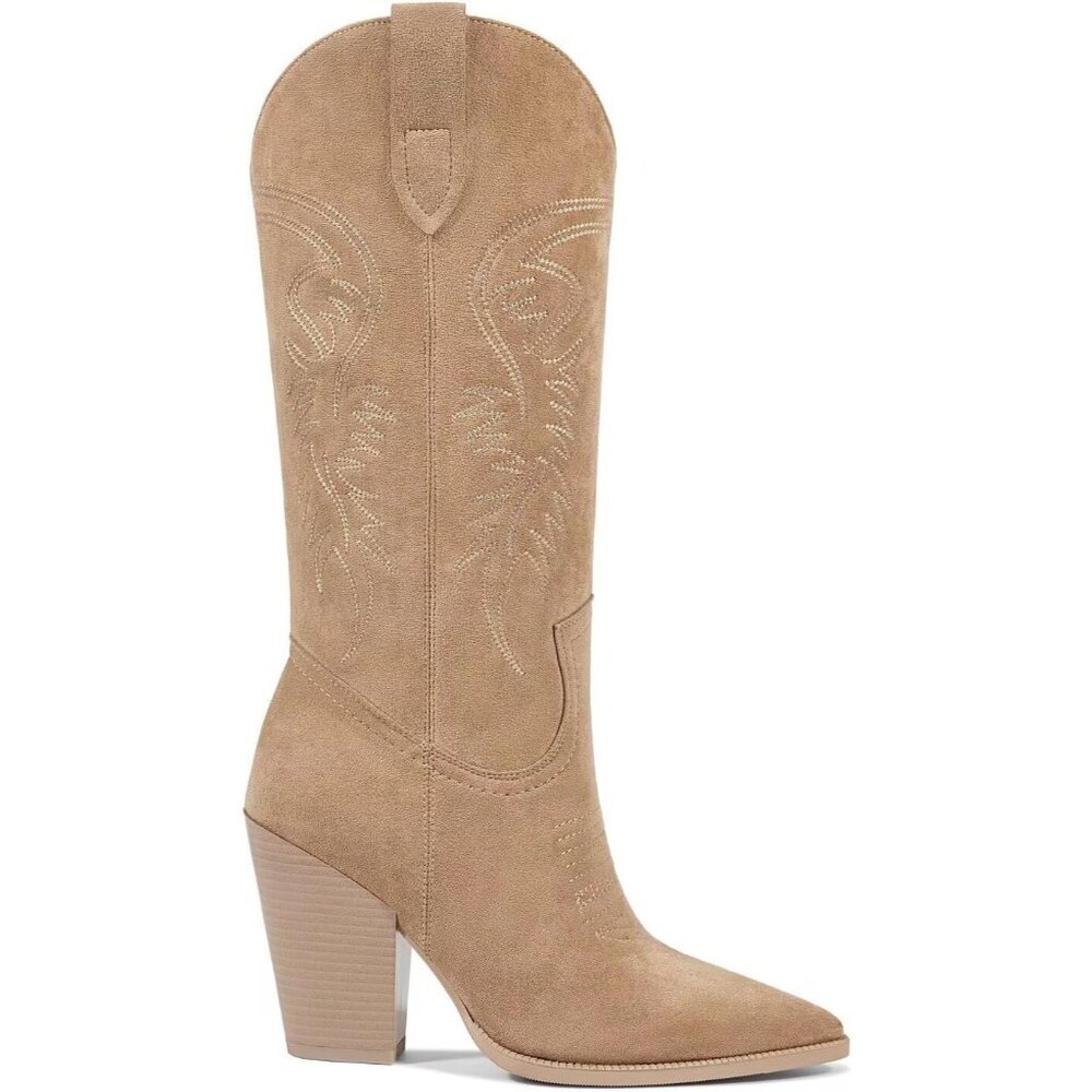 Women's Suede Apricot Pointed Toe Chunky Heel Western Rubber Boots - Picture 4 of 6